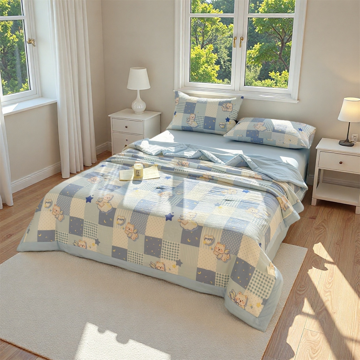 91家纺网 家纺一手货源 找家纺 晓时候 2026双层纱印花夏被四件套新疆棉花被可机洗夏凉被空调被夏季被子 蓝色泡芙狗