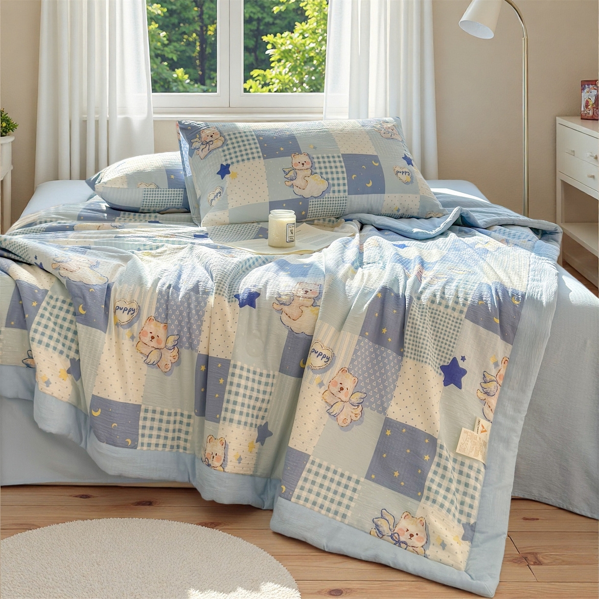 91家纺网 家纺一手货源 找家纺 晓时候 2026双层纱印花夏被四件套新疆棉花被可机洗夏凉被空调被夏季被子 蓝色泡芙狗