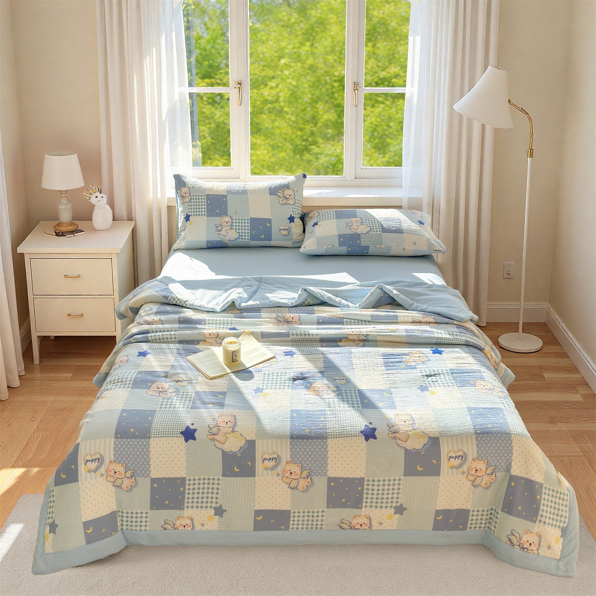 91家纺网 家纺一手货源 找家纺 晓时候 2026双层纱印花夏被四件套新疆棉花被可机洗夏凉被空调被夏季被子 蓝色泡芙狗