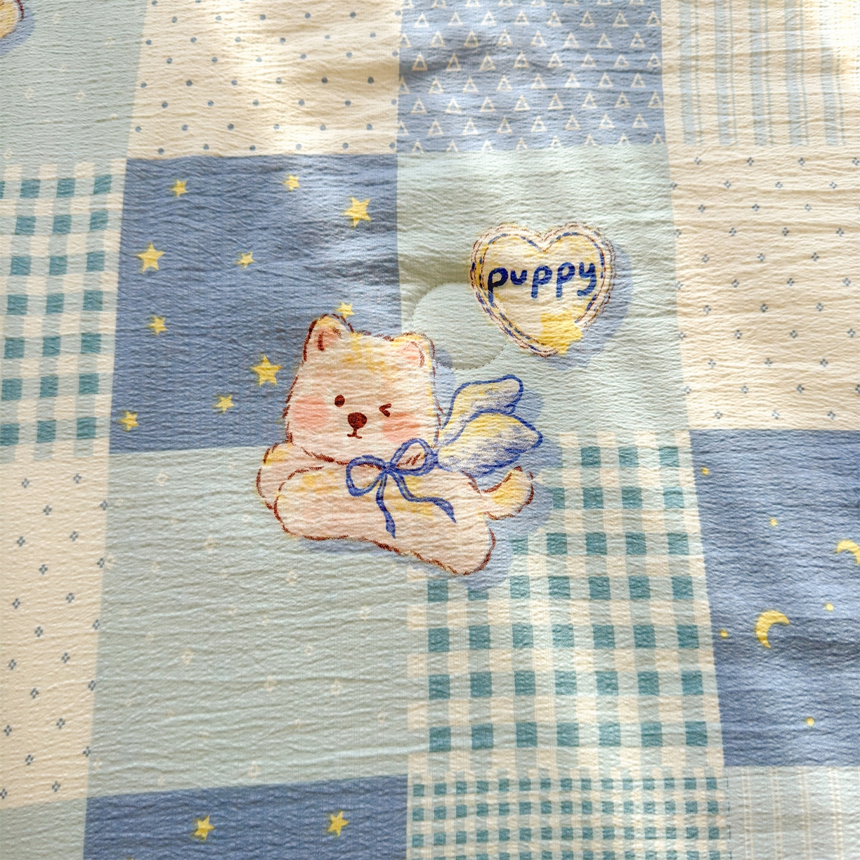 91家纺网 家纺一手货源 找家纺 晓时候 2026双层纱印花夏被四件套新疆棉花被可机洗夏凉被空调被夏季被子 蓝色泡芙狗