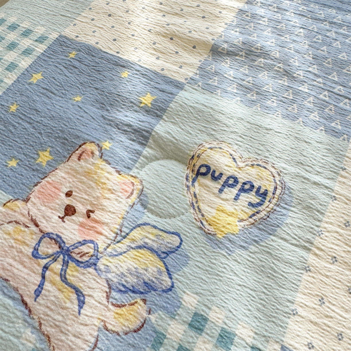 91家纺网 家纺一手货源 找家纺 晓时候 2026双层纱印花夏被四件套新疆棉花被可机洗夏凉被空调被夏季被子 蓝色泡芙狗