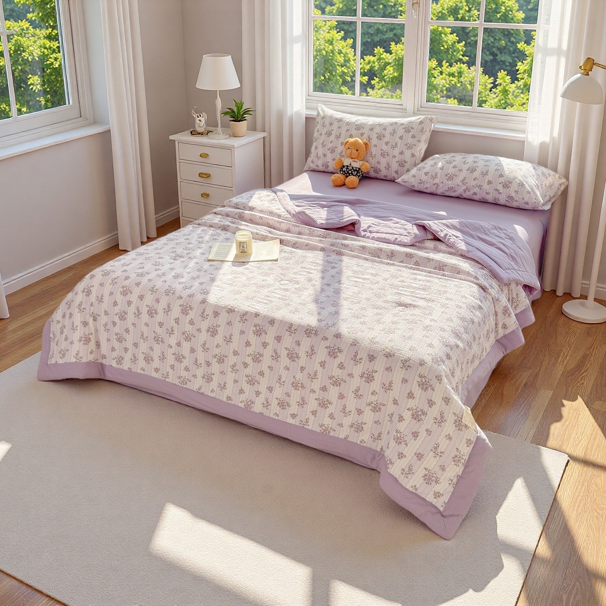 91家纺网 家纺一手货源 找家纺 晓时候 2026双层纱印花夏被四件套新疆棉花被可机洗夏凉被空调被夏季被子 洛神花间