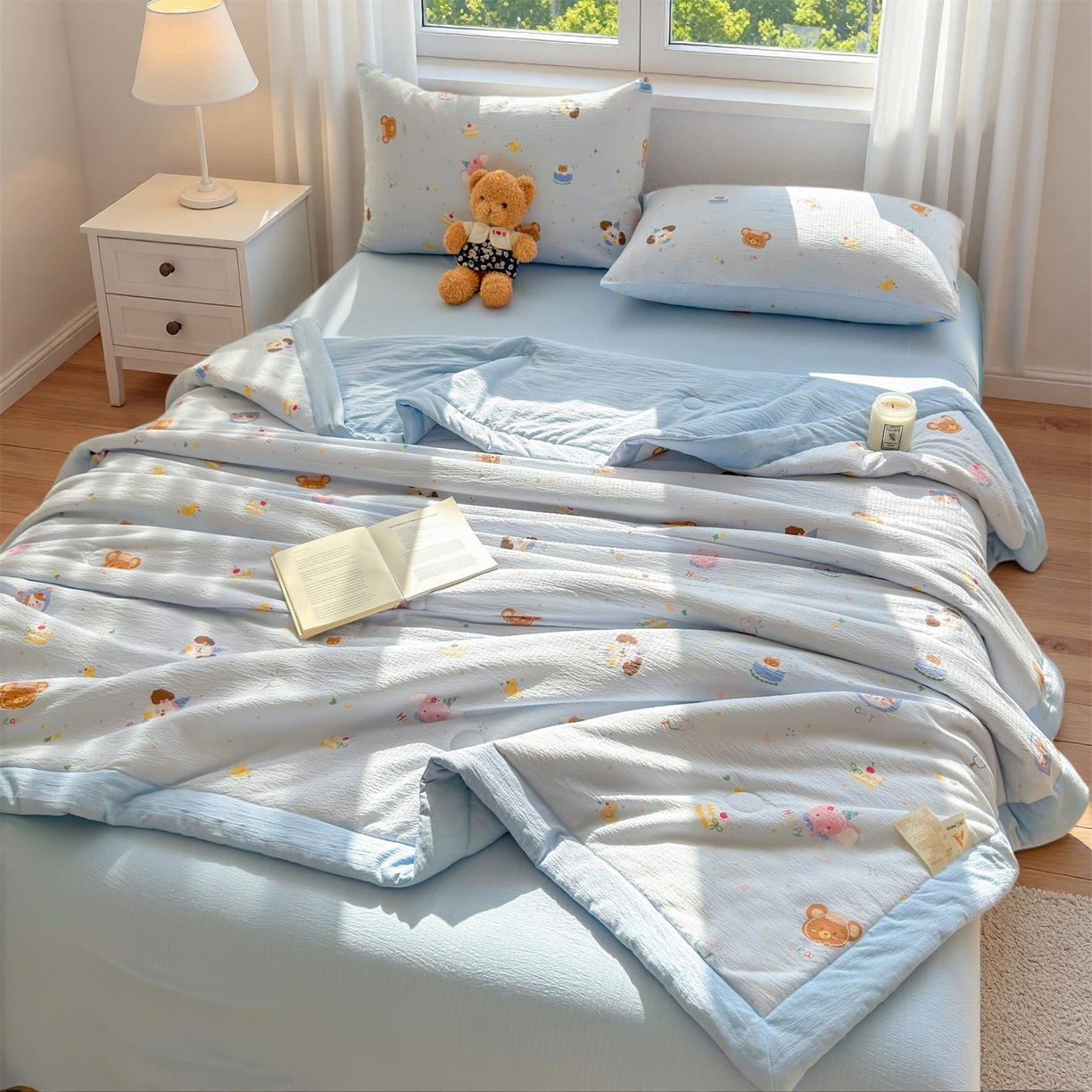 91家纺网 家纺一手货源 找家纺 晓时候 2026双层纱印花夏被四件套新疆棉花被可机洗夏凉被空调被夏季被子 萌宠派对