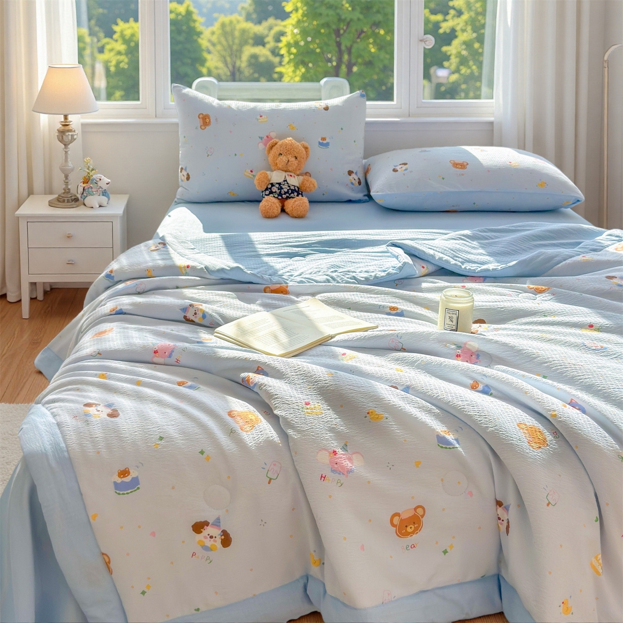 91家纺网 家纺一手货源 找家纺 晓时候 2026双层纱印花夏被四件套新疆棉花被可机洗夏凉被空调被夏季被子 萌宠派对