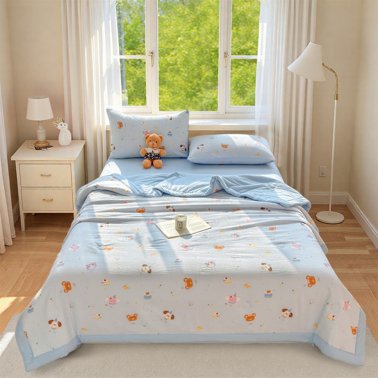 91家纺网 家纺一手货源 找家纺 晓时候 2026双层纱印花夏被四件套新疆棉花被可机洗夏凉被空调被夏季被子 萌宠派对