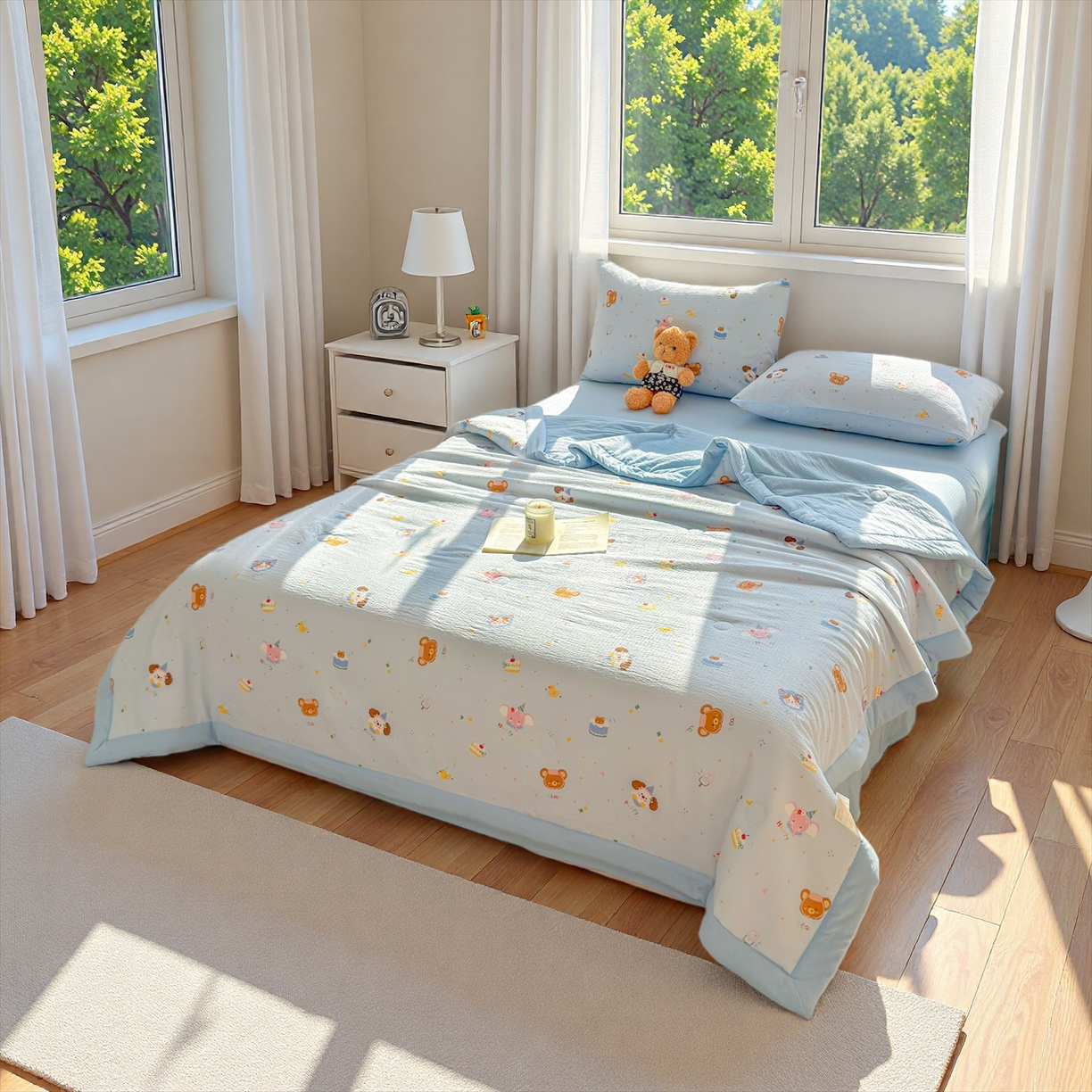 91家纺网 家纺一手货源 找家纺 晓时候 2026双层纱印花夏被四件套新疆棉花被可机洗夏凉被空调被夏季被子 萌宠派对