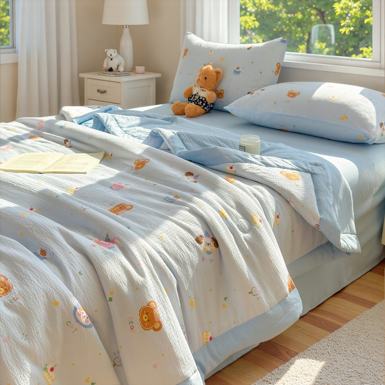 91家纺网 家纺一手货源 找家纺 晓时候 2026双层纱印花夏被四件套新疆棉花被可机洗夏凉被空调被夏季被子 萌宠派对