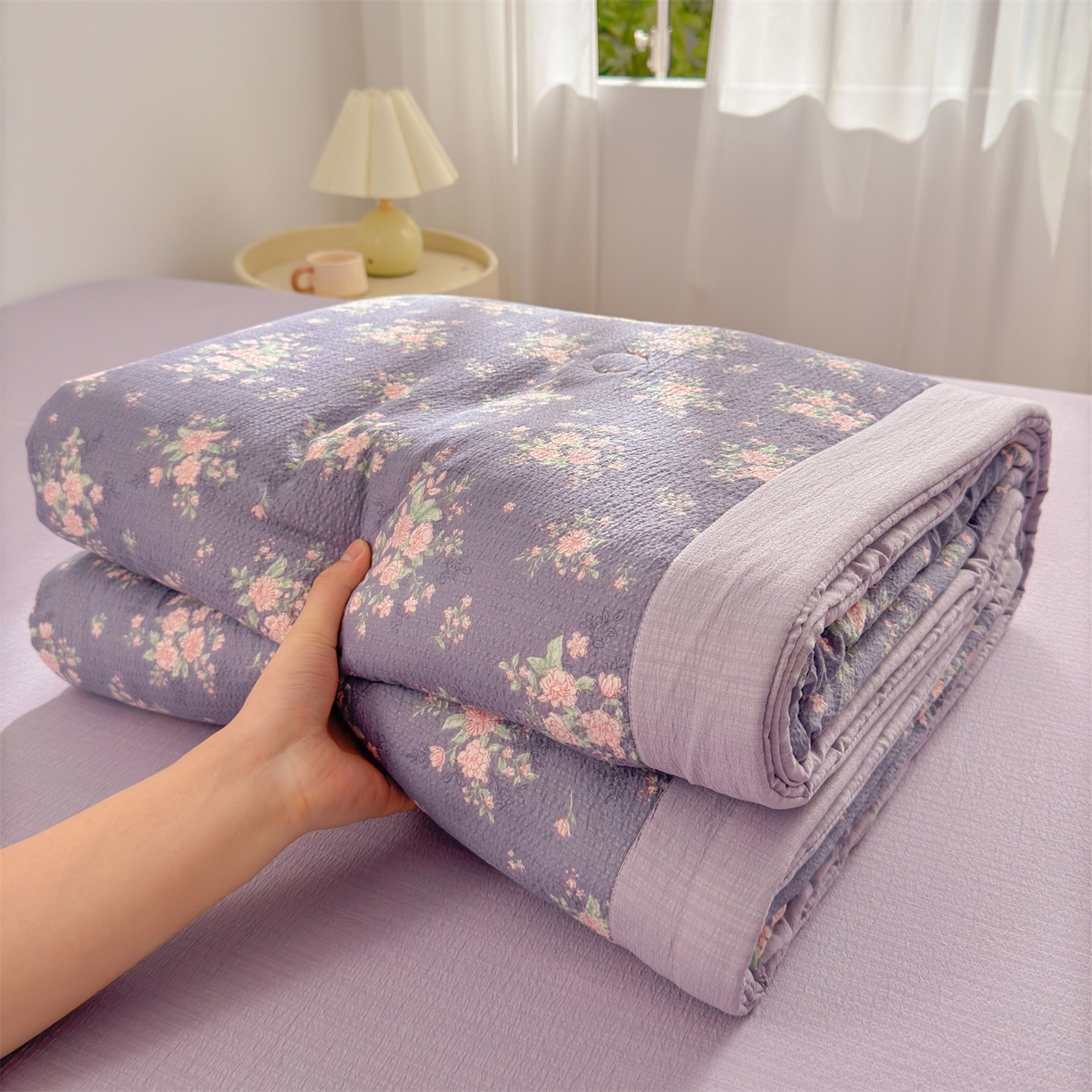 91家纺网 家纺一手货源 找家纺 晓时候 2026双层纱印花夏被四件套新疆棉花被可机洗夏凉被空调被夏季被子 豆蔻