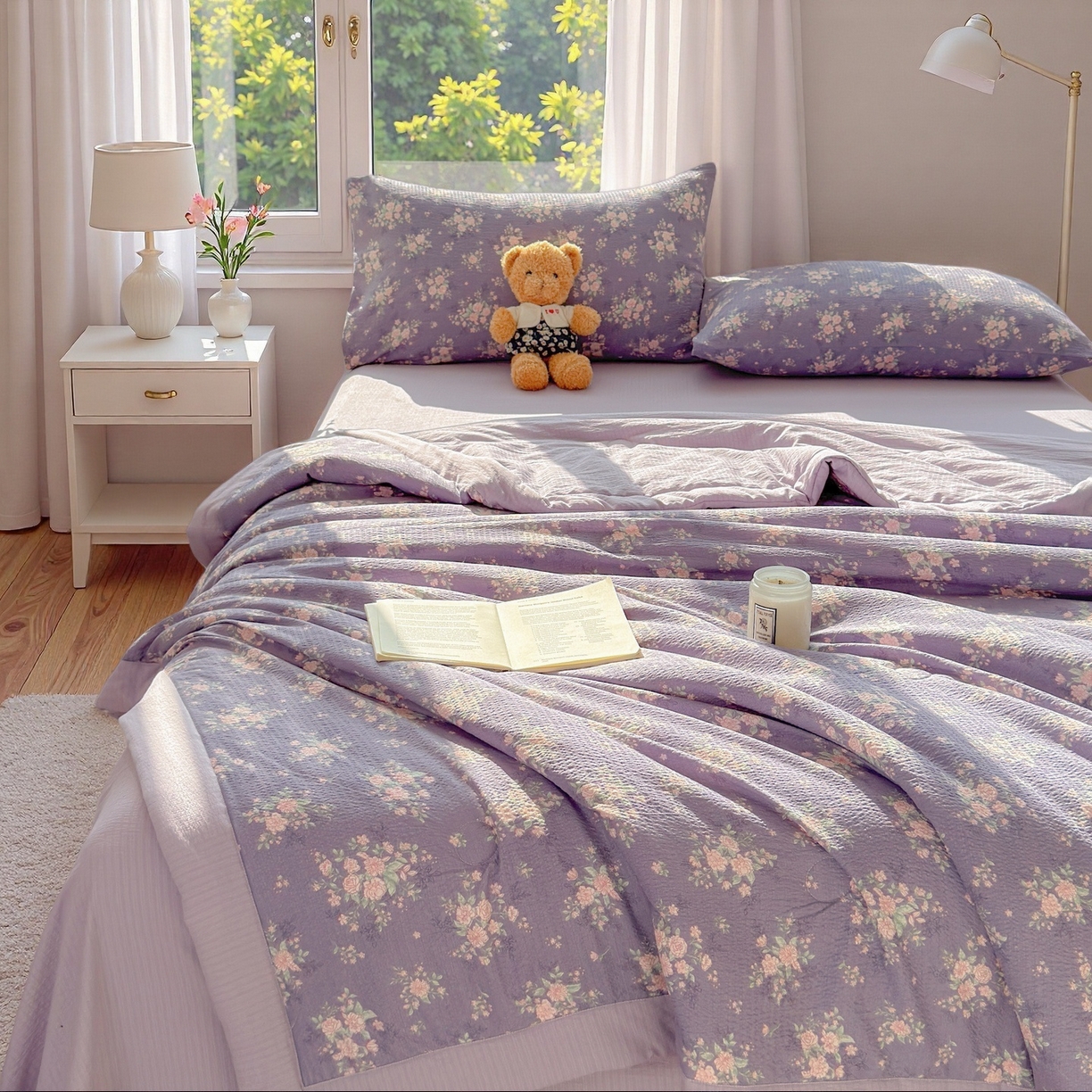 91家纺网 家纺一手货源 找家纺 晓时候 2026双层纱印花夏被四件套新疆棉花被可机洗夏凉被空调被夏季被子 豆蔻