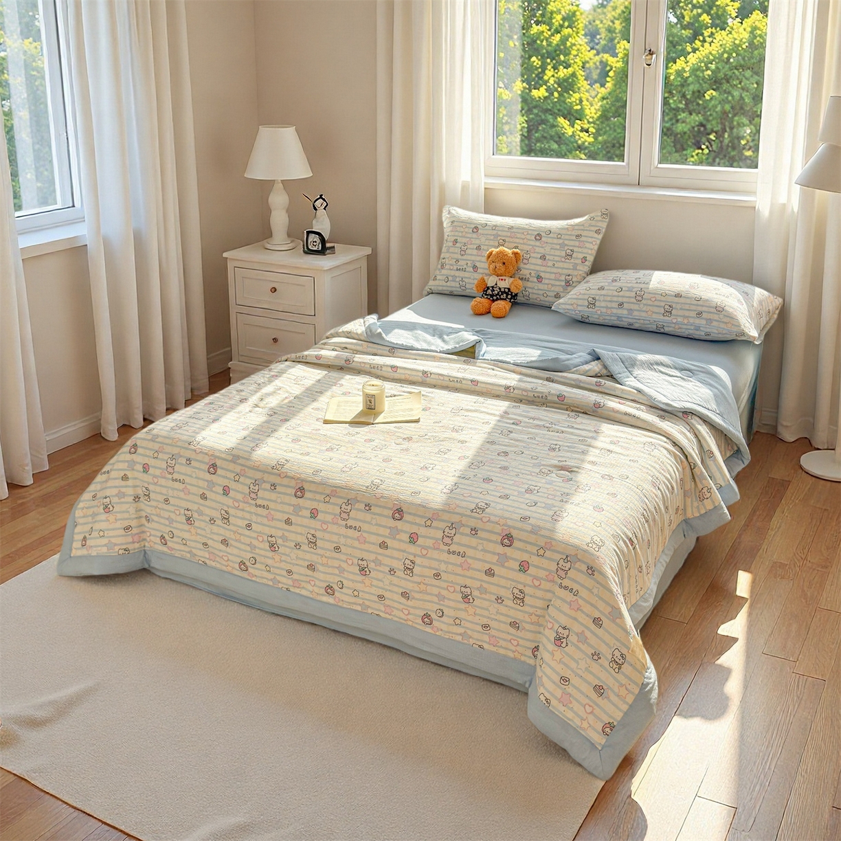 91家纺网 家纺一手货源 找家纺 晓时候 2026双层纱印花夏被四件套新疆棉花被可机洗夏凉被空调被夏季被子 星星喵