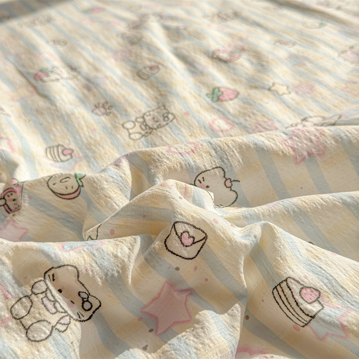 91家纺网 家纺一手货源 找家纺 晓时候 2026双层纱印花夏被四件套新疆棉花被可机洗夏凉被空调被夏季被子 星星喵