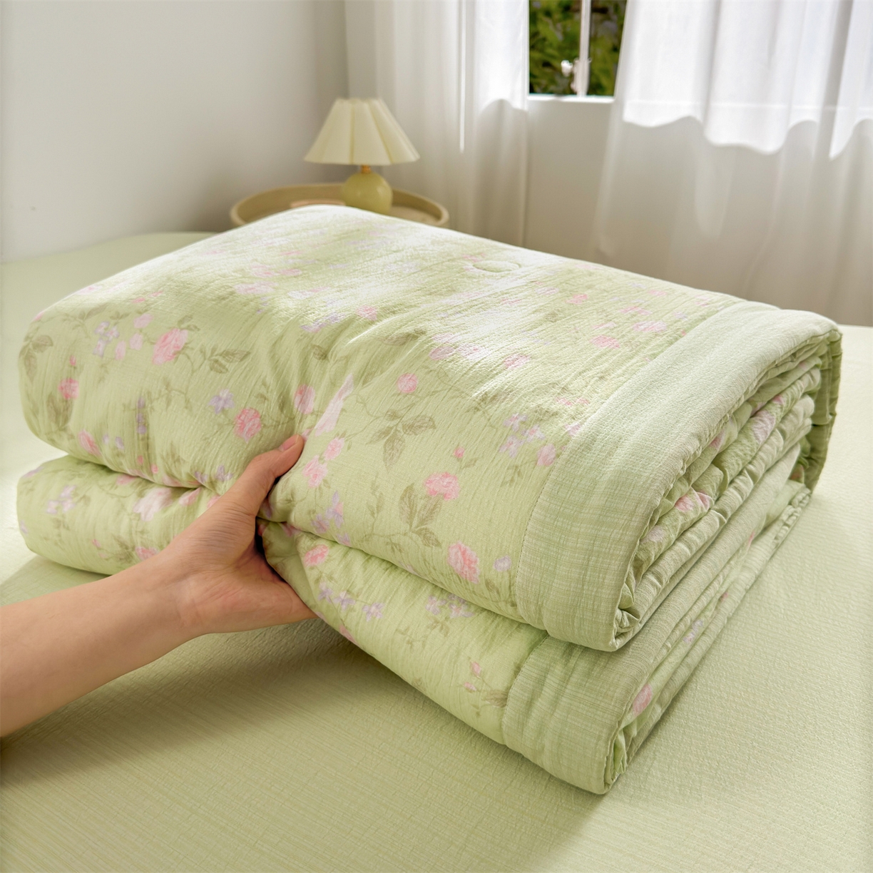 91家纺网 家纺一手货源 找家纺 晓时候 2026双层纱印花夏被四件套新疆棉花被可机洗夏凉被空调被夏季被子 芊芊花语