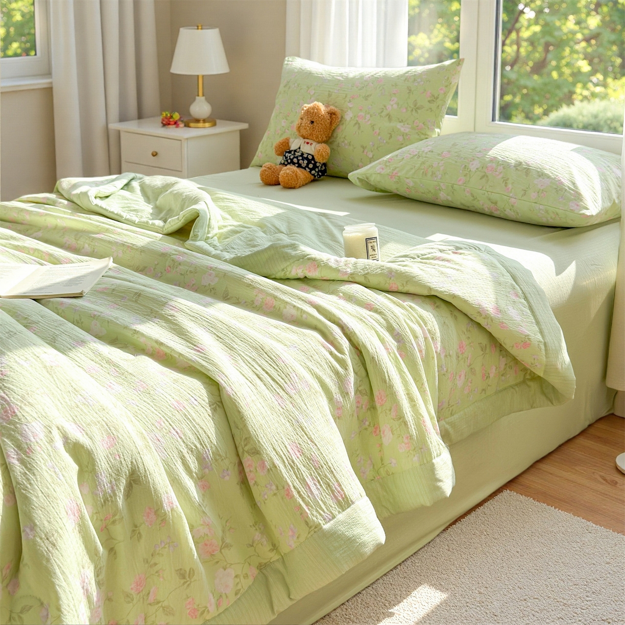 91家纺网 家纺一手货源 找家纺 晓时候 2026双层纱印花夏被四件套新疆棉花被可机洗夏凉被空调被夏季被子 芊芊花语