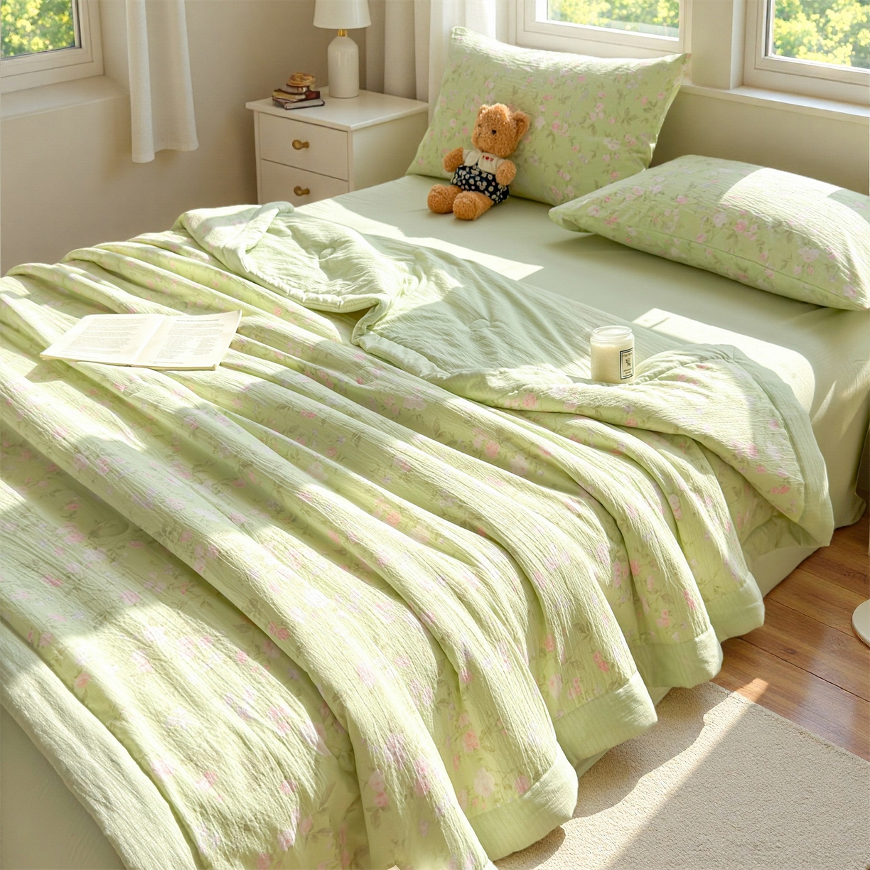 91家纺网 家纺一手货源 找家纺 晓时候 2026双层纱印花夏被四件套新疆棉花被可机洗夏凉被空调被夏季被子 芊芊花语