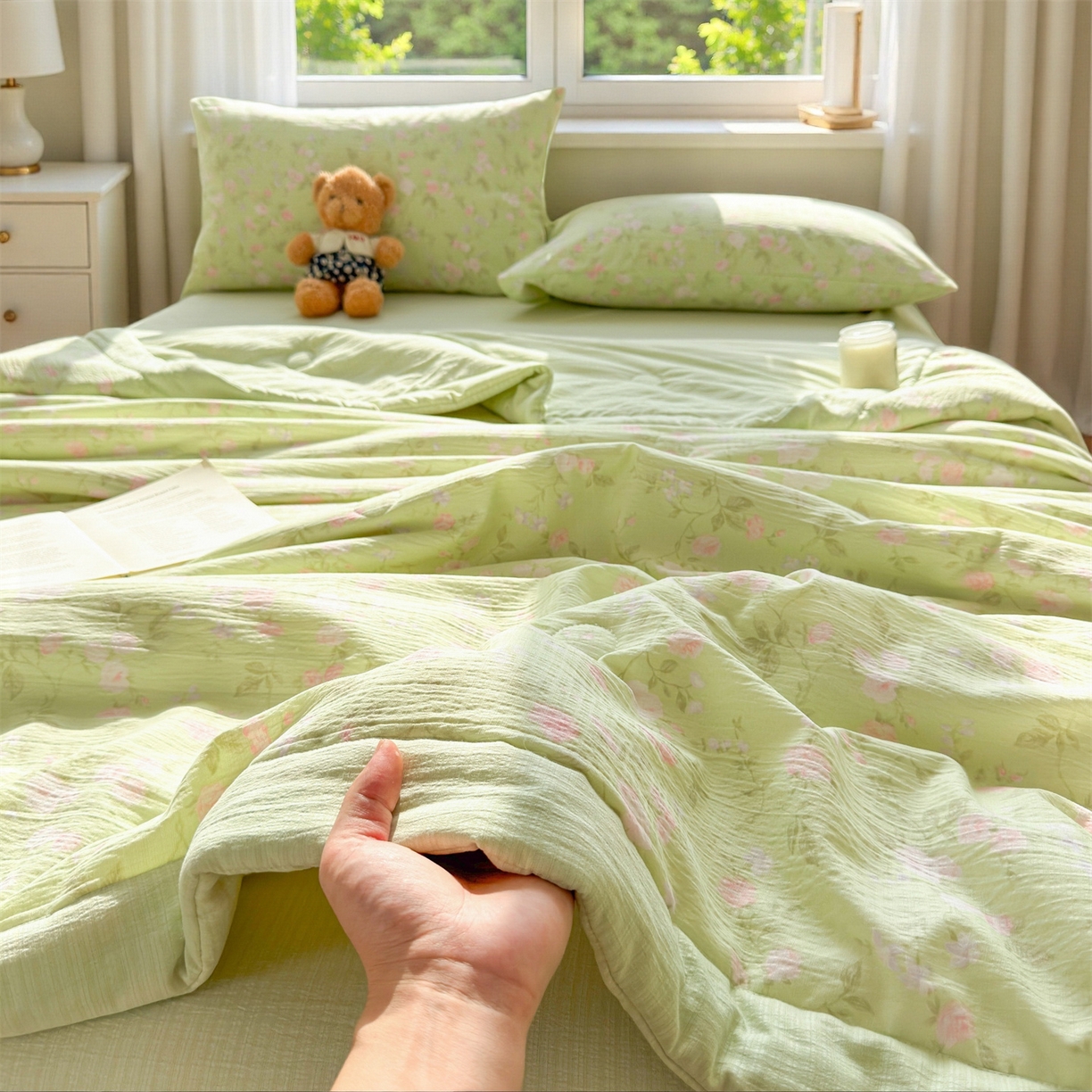 91家纺网 家纺一手货源 找家纺 晓时候 2026双层纱印花夏被四件套新疆棉花被可机洗夏凉被空调被夏季被子 芊芊花语