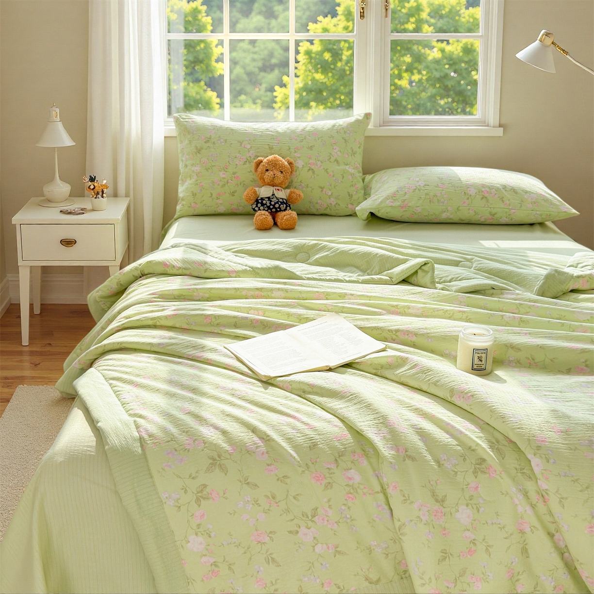 91家纺网 家纺一手货源 找家纺 晓时候 2026双层纱印花夏被四件套新疆棉花被可机洗夏凉被空调被夏季被子 芊芊花语