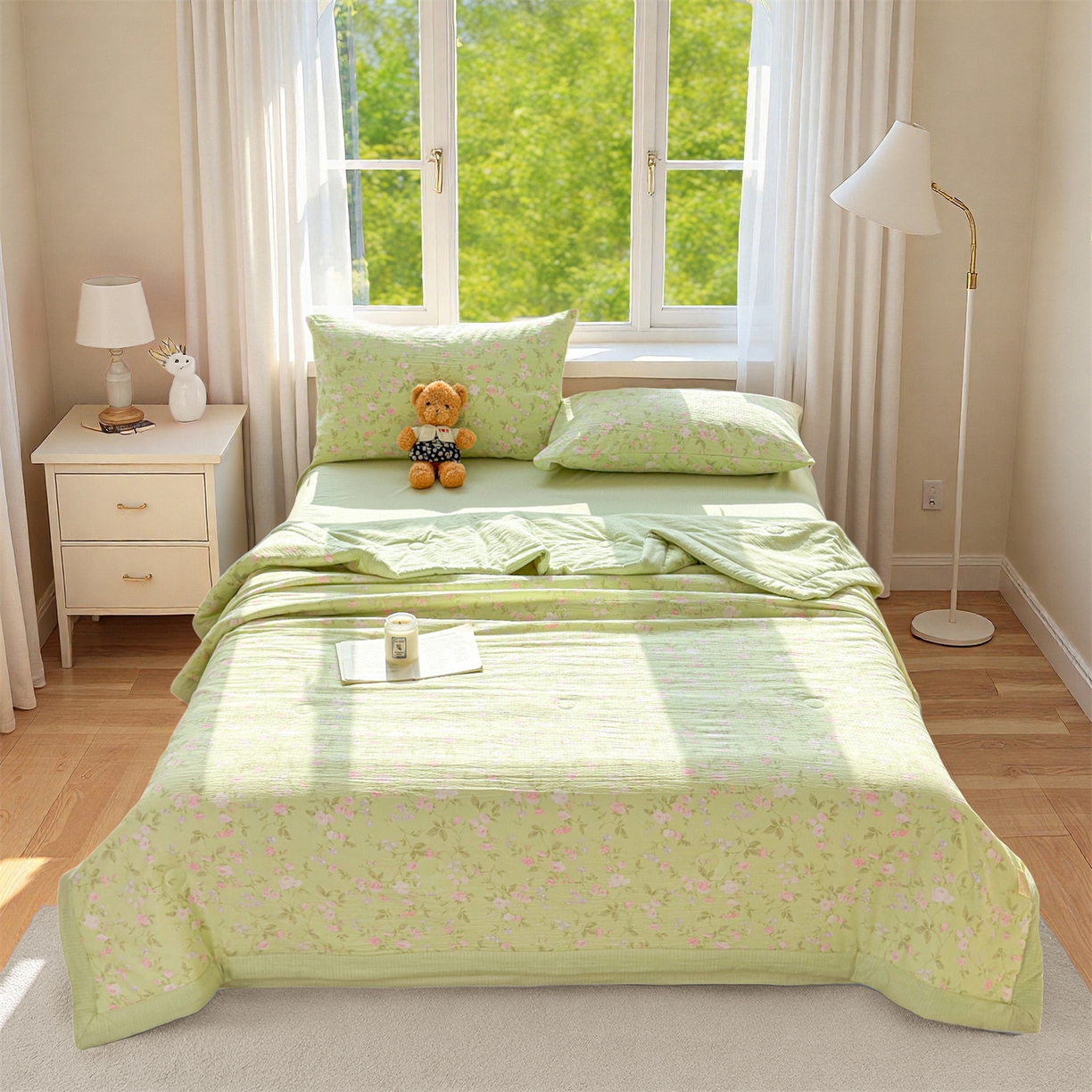 91家纺网 家纺一手货源 找家纺 晓时候 2026双层纱印花夏被四件套新疆棉花被可机洗夏凉被空调被夏季被子 芊芊花语