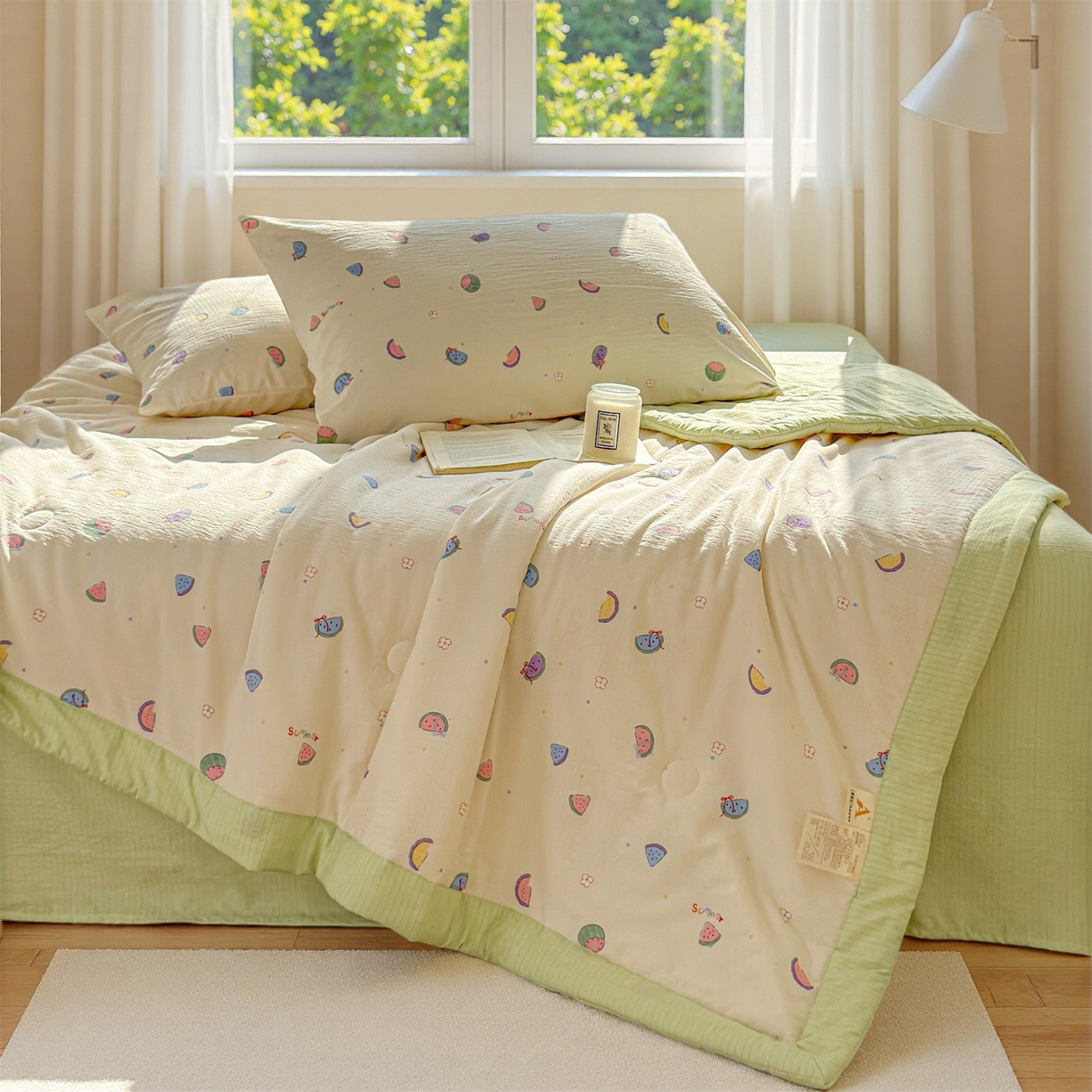91家纺网 家纺一手货源 找家纺 晓时候 2026双层纱印花夏被四件套新疆棉花被可机洗夏凉被空调被夏季被子 缤纷水果