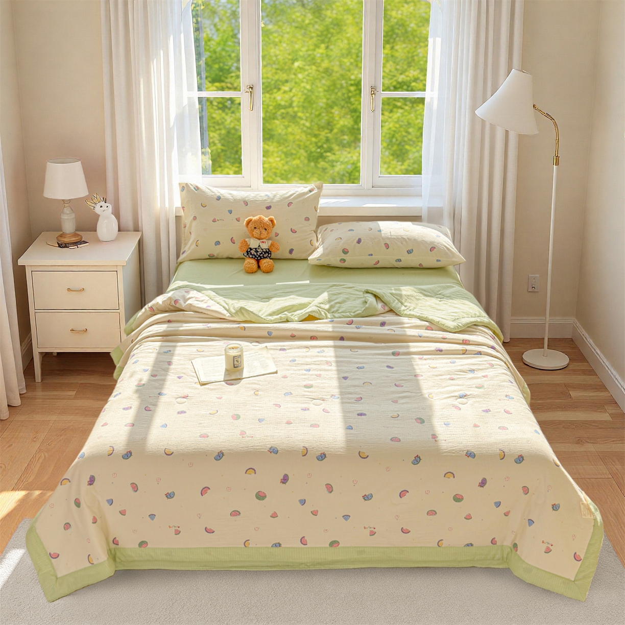 91家纺网 家纺一手货源 找家纺 晓时候 2026双层纱印花夏被四件套新疆棉花被可机洗夏凉被空调被夏季被子 缤纷水果