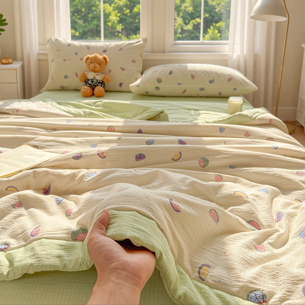 91家纺网 家纺一手货源 找家纺 晓时候 2026双层纱印花夏被四件套新疆棉花被可机洗夏凉被空调被夏季被子 缤纷水果