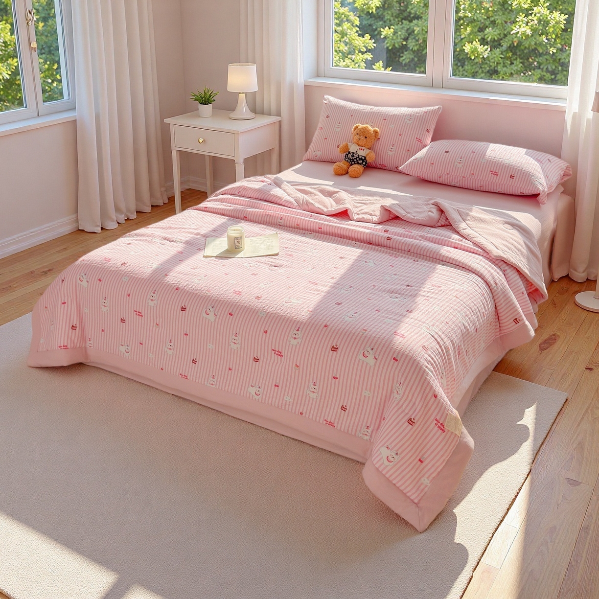 91家纺网 家纺一手货源 找家纺 晓时候 2026双层纱印花夏被四件套新疆棉花被可机洗夏凉被空调被夏季被子 甜甜西高地