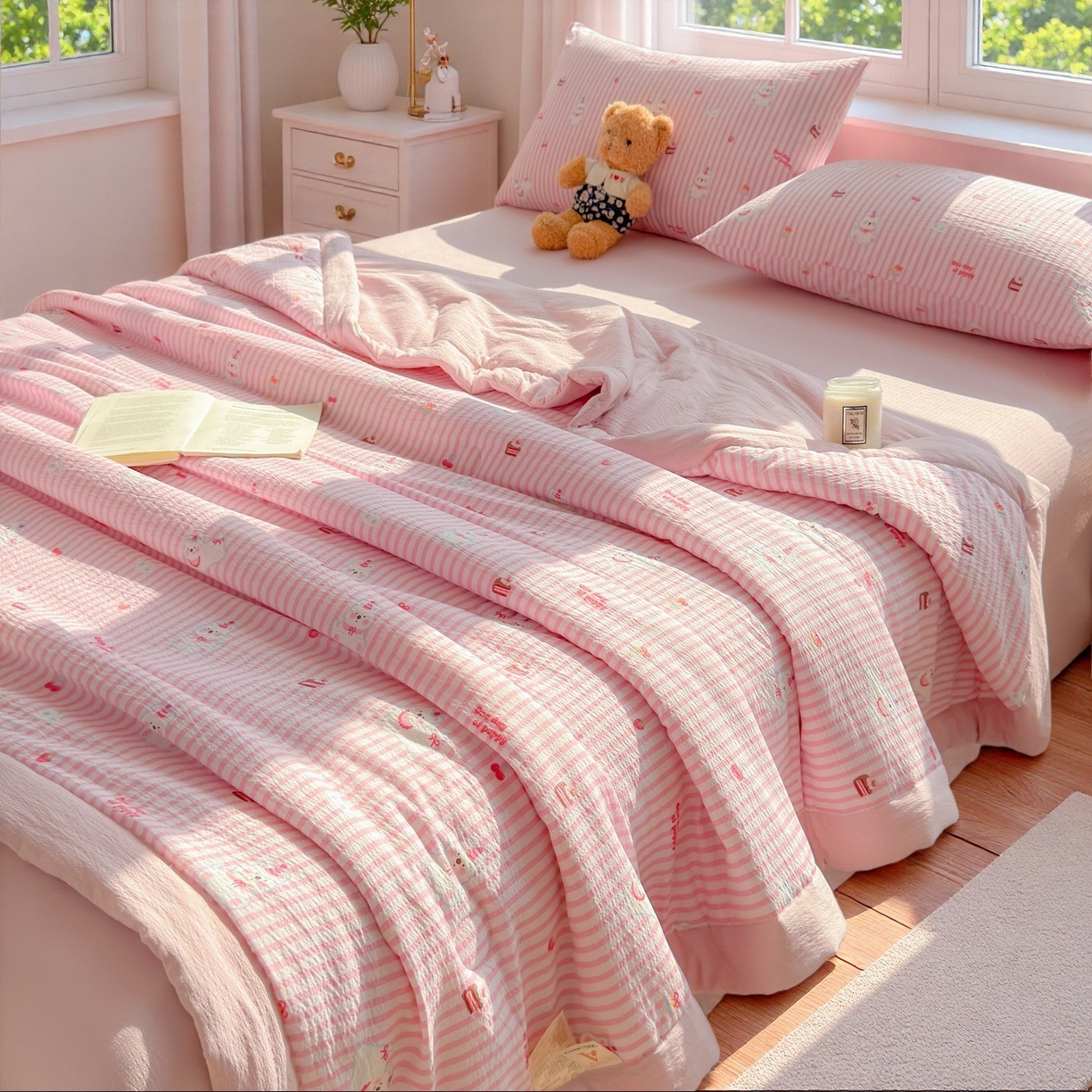 91家纺网 家纺一手货源 找家纺 晓时候 2026双层纱印花夏被四件套新疆棉花被可机洗夏凉被空调被夏季被子 甜甜西高地