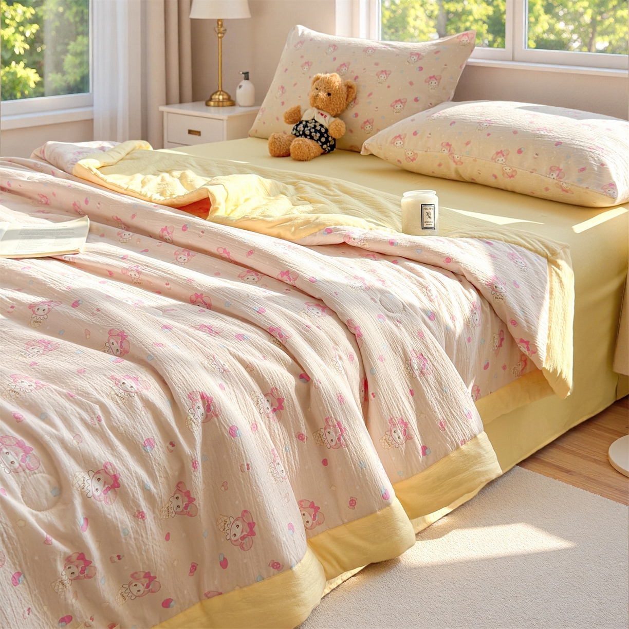 91家纺网 家纺一手货源 找家纺 晓时候 2026双层纱印花夏被四件套新疆棉花被可机洗夏凉被空调被夏季被子 甜心女孩