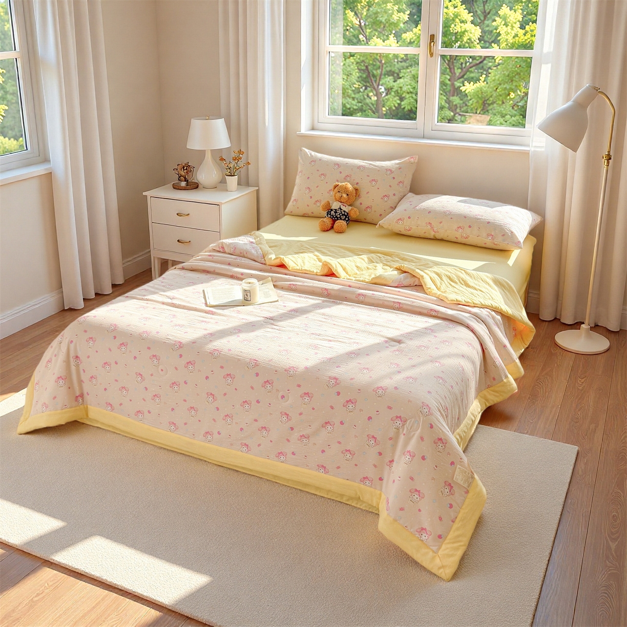 91家纺网 家纺一手货源 找家纺 晓时候 2026双层纱印花夏被四件套新疆棉花被可机洗夏凉被空调被夏季被子 甜心女孩