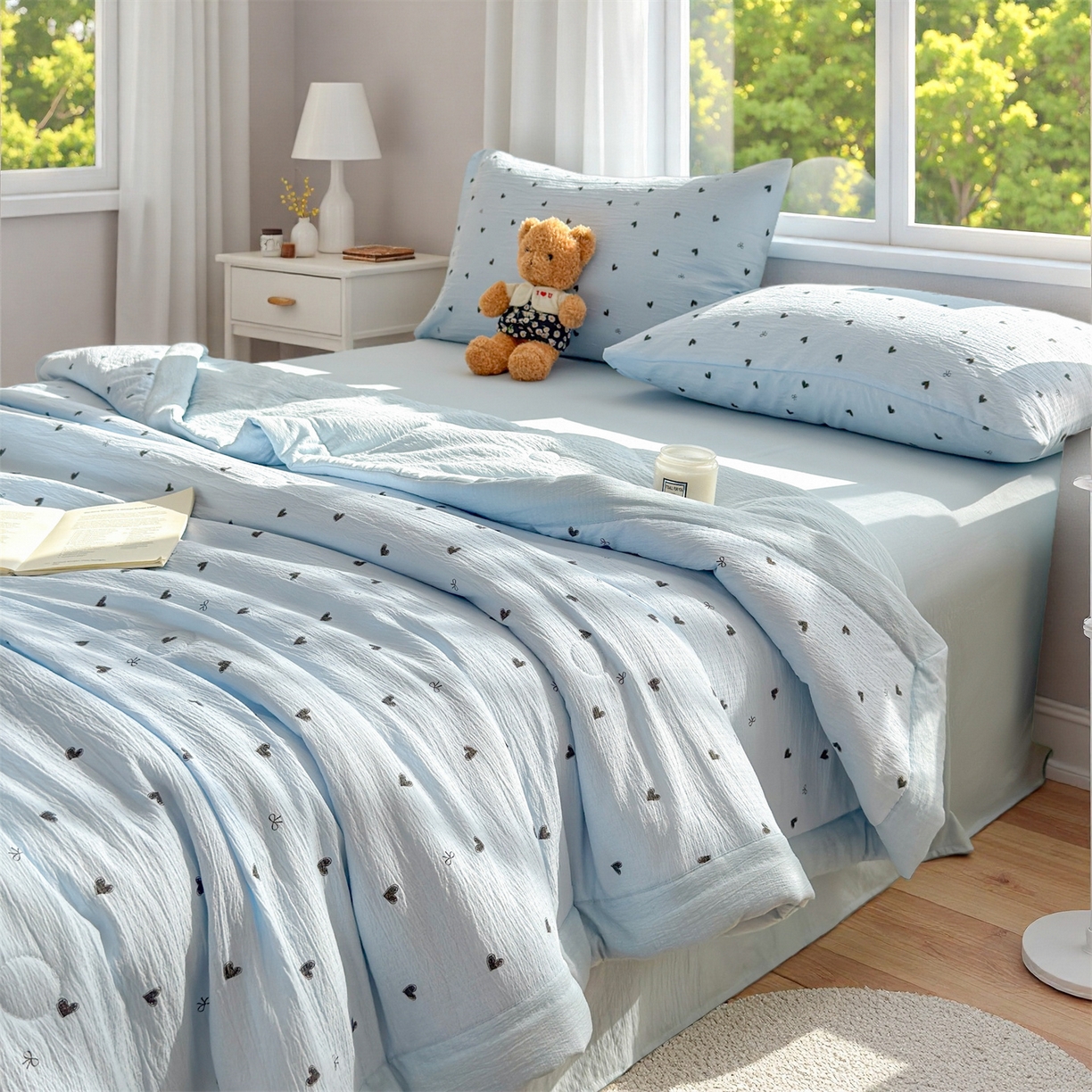 91家纺网 家纺一手货源 找家纺 晓时候 2026双层纱印花夏被四件套新疆棉花被可机洗夏凉被空调被夏季被子 小确幸