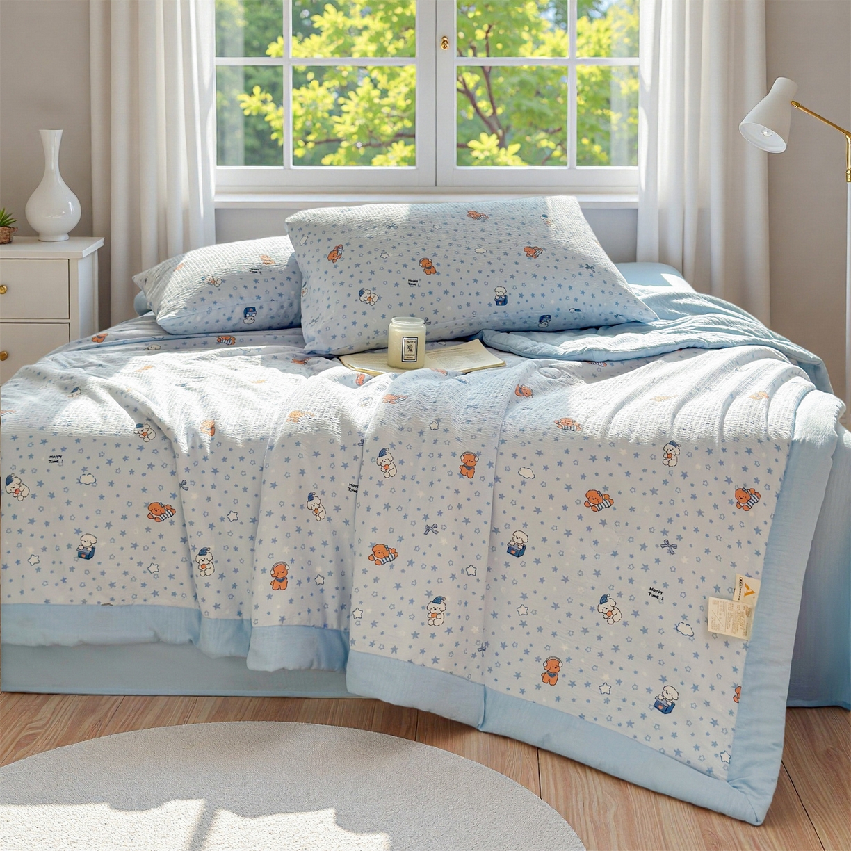 91家纺网 家纺一手货源 找家纺 晓时候 2026双层纱印花夏被四件套新疆棉花被可机洗夏凉被空调被夏季被子 俏皮狗