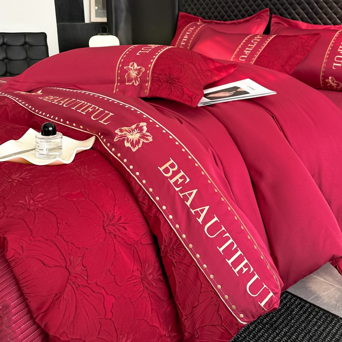 91家纺网 家纺一手货源 找家纺 首尔家纺 2026新款金丝立体浮雕提花水洗真丝天丝四件套 百合-大红