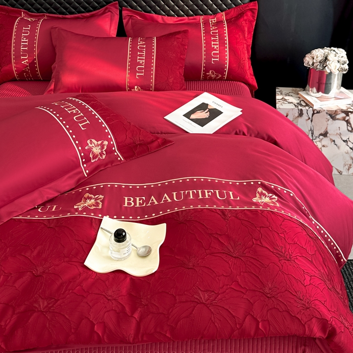 91家纺网 家纺一手货源 找家纺 首尔家纺 2026新款金丝立体浮雕提花水洗真丝天丝四件套 百合-大红