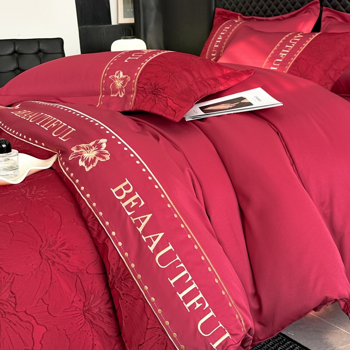 91家纺网 家纺一手货源 找家纺 首尔家纺 2026新款金丝立体浮雕提花水洗真丝天丝四件套 百合-大红