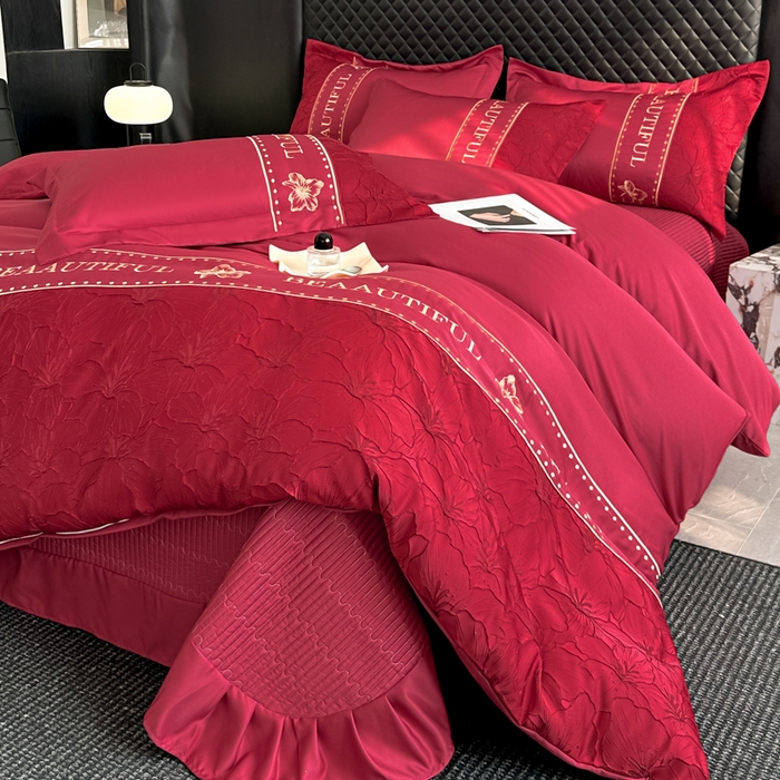 91家纺网 家纺一手货源 找家纺 首尔家纺 2026新款金丝立体浮雕提花水洗真丝天丝四件套 百合-大红