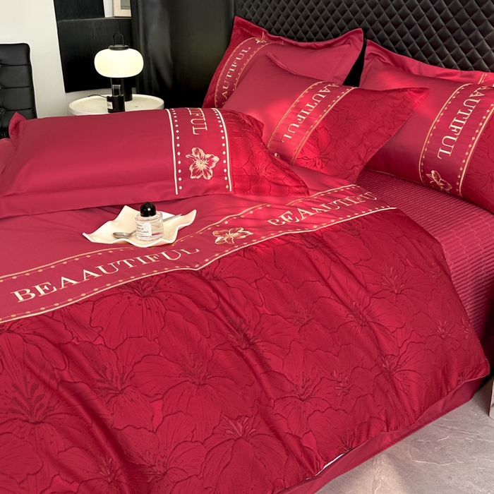 91家纺网 家纺一手货源 找家纺 首尔家纺 2026新款金丝立体浮雕提花水洗真丝天丝四件套 百合-大红