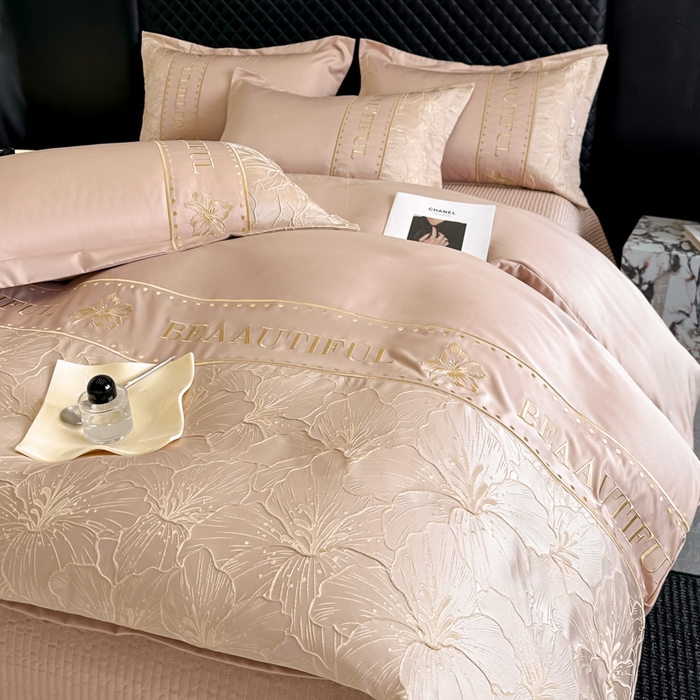 91家纺网 家纺一手货源 找家纺 首尔家纺 2026新款金丝立体浮雕提花水洗真丝天丝四件套 百合-粉玉