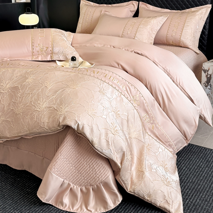 91家纺网 家纺一手货源 找家纺 首尔家纺 2026新款金丝立体浮雕提花水洗真丝天丝四件套 百合-粉玉