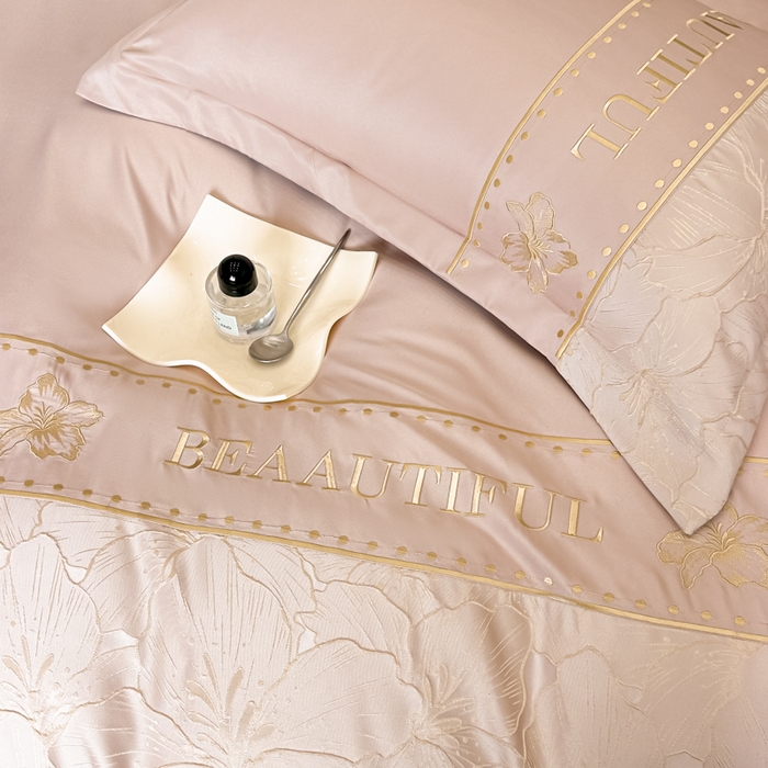 91家纺网 家纺一手货源 找家纺 首尔家纺 2026新款金丝立体浮雕提花水洗真丝天丝四件套 百合-粉玉