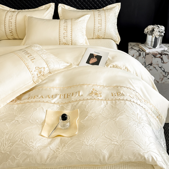 91家纺网 家纺一手货源 找家纺 首尔家纺 2026新款金丝立体浮雕提花水洗真丝天丝四件套 百合-米白