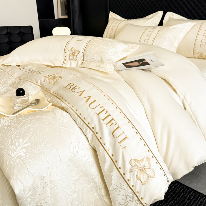 91家纺网 家纺一手货源 找家纺 首尔家纺 2026新款金丝立体浮雕提花水洗真丝天丝四件套 百合-米白