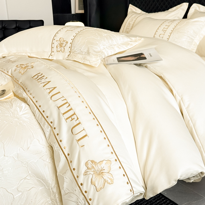 91家纺网 家纺一手货源 找家纺 首尔家纺 2026新款金丝立体浮雕提花水洗真丝天丝四件套 百合-米白