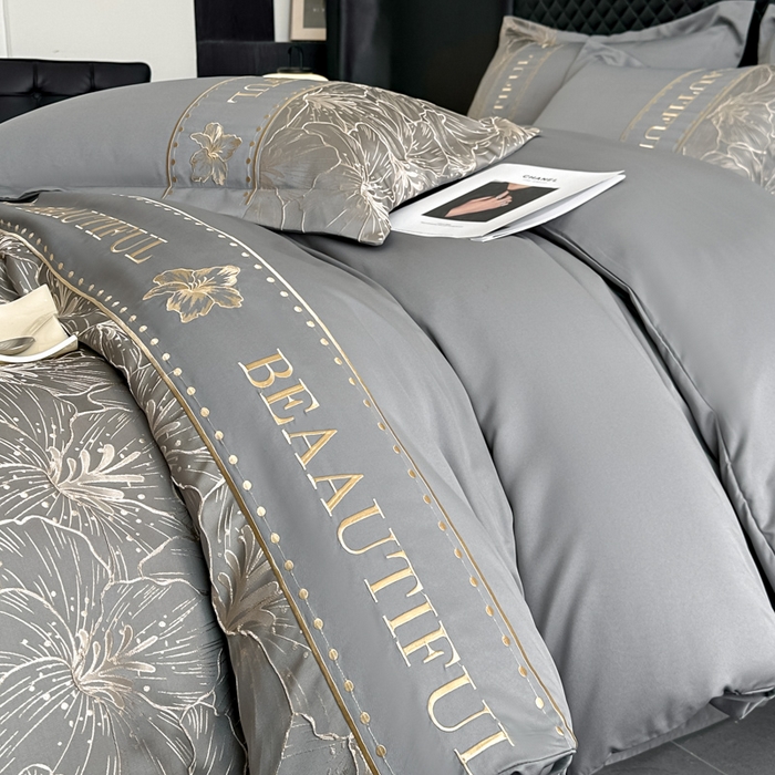 91家纺网 家纺一手货源 找家纺 首尔家纺 2026新款金丝立体浮雕提花水洗真丝天丝四件套 百合-深灰