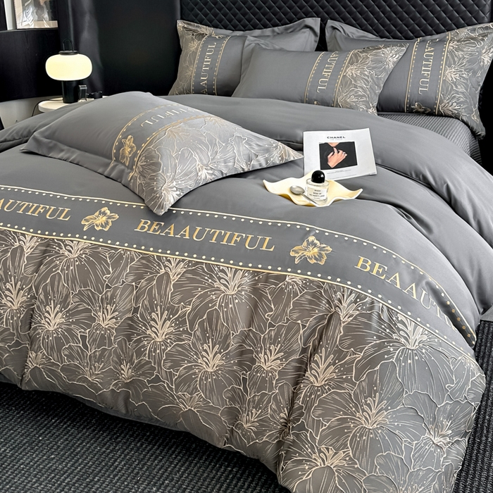 91家纺网 家纺一手货源 找家纺 首尔家纺 2026新款金丝立体浮雕提花水洗真丝天丝四件套 百合-深灰