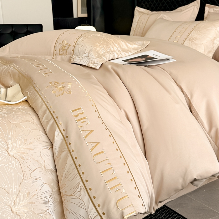 91家纺网 家纺一手货源 找家纺 首尔家纺 2026新款金丝立体浮雕提花水洗真丝天丝四件套 百合-香槟