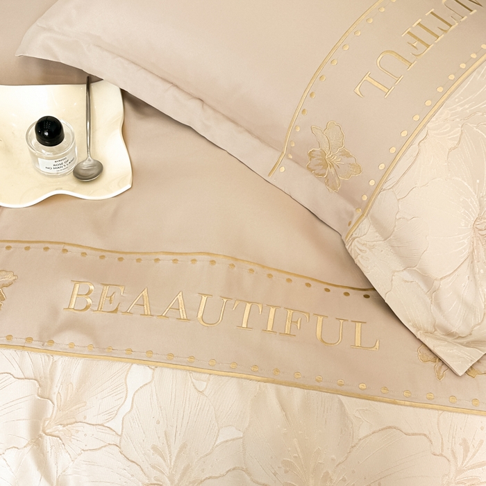 91家纺网 家纺一手货源 找家纺 首尔家纺 2026新款金丝立体浮雕提花水洗真丝天丝四件套 百合-香槟