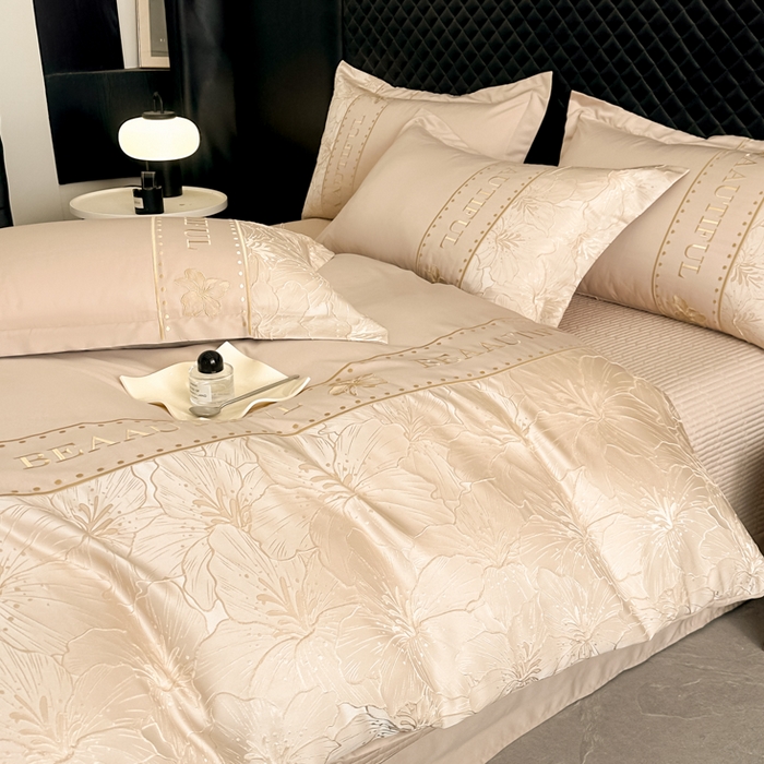 91家纺网 家纺一手货源 找家纺 首尔家纺 2026新款金丝立体浮雕提花水洗真丝天丝四件套 百合-香槟