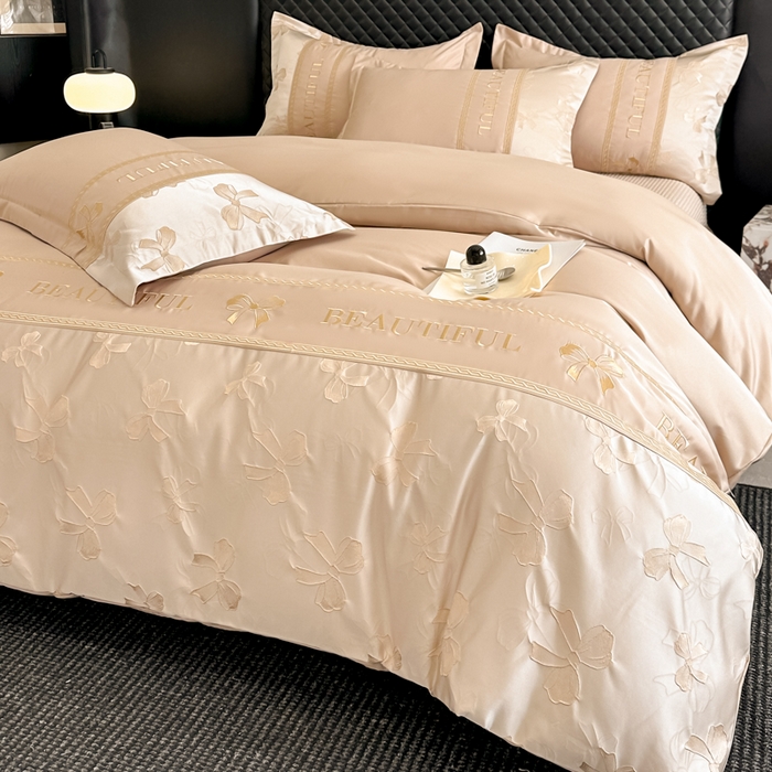 91家纺网 家纺一手货源 找家纺 首尔家纺 2026新款金丝立体浮雕提花水洗真丝天丝四件套 蝴蝶结-粉玉