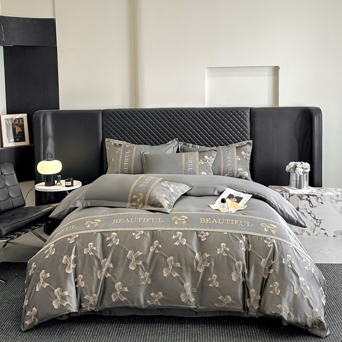 91家纺网 家纺一手货源 找家纺 首尔家纺 2026新款金丝立体浮雕提花水洗真丝天丝四件套 蝴蝶结-深灰