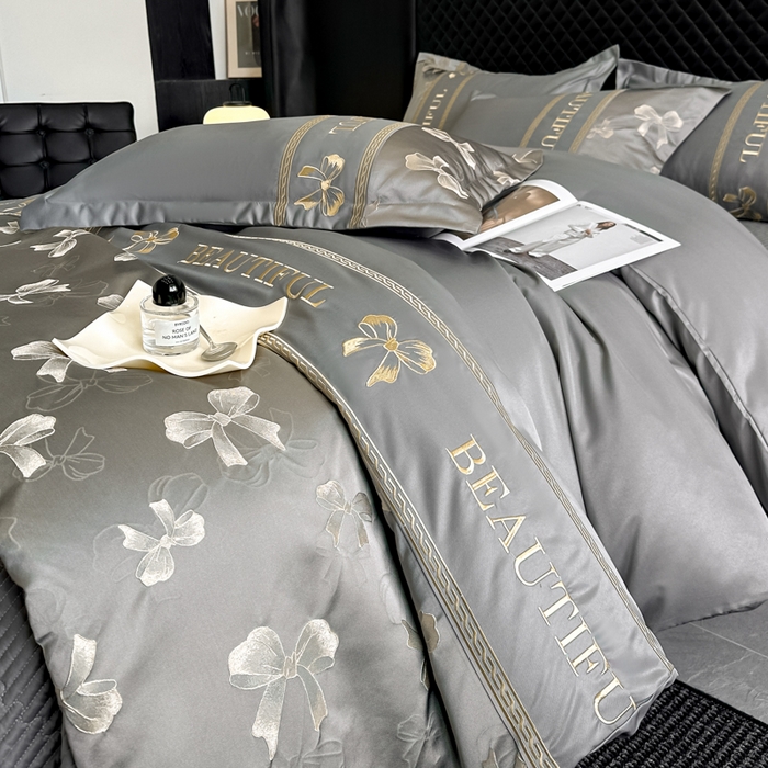 91家纺网 家纺一手货源 找家纺 首尔家纺 2026新款金丝立体浮雕提花水洗真丝天丝四件套 蝴蝶结-深灰