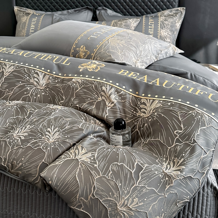 91家纺网 家纺一手货源 找家纺 首尔家纺 2026新款金丝立体浮雕提花水洗真丝天丝床盖款四件套 百合-深灰